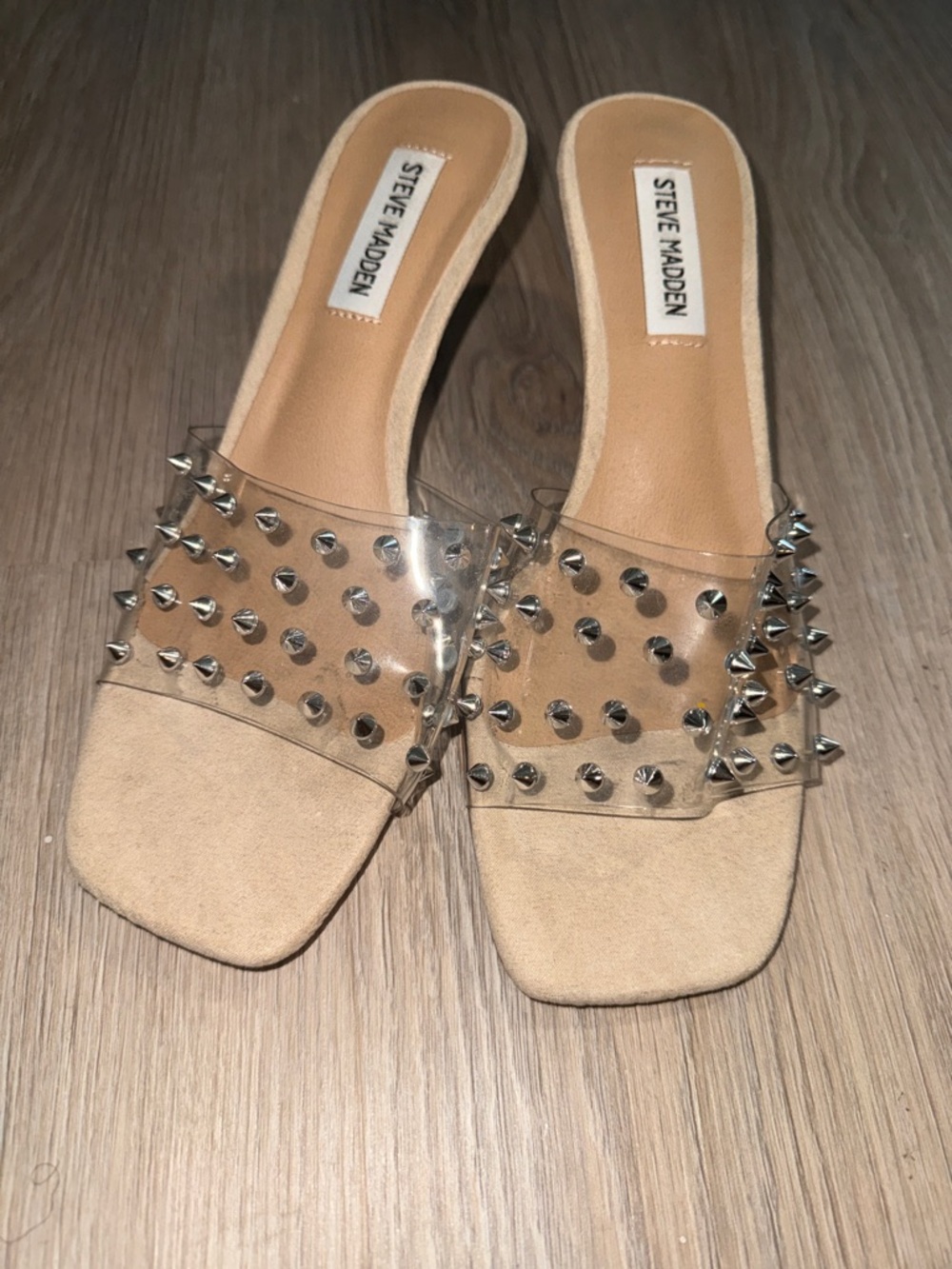 Steve Madden Clear Studded Slide Sandals in Beige